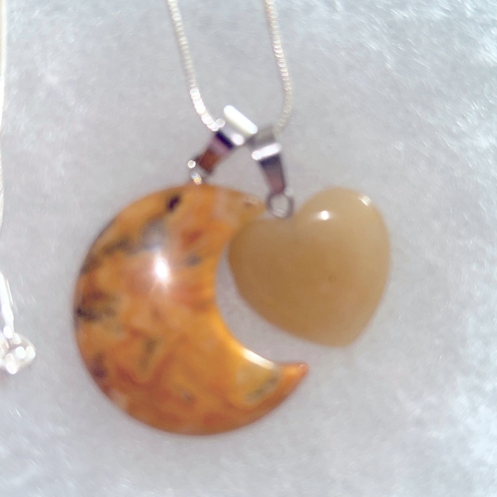 Boho hippie Aventurine Heart ❤️ and Agate Moon 🌙 Sterling Silver 24” Necklace